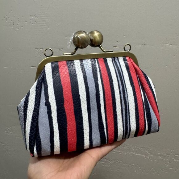 Colorful Striped Handmade Cowhide Big Ball Kisslock Wristlet/Multi Use Handbag - Picture 7 of 15